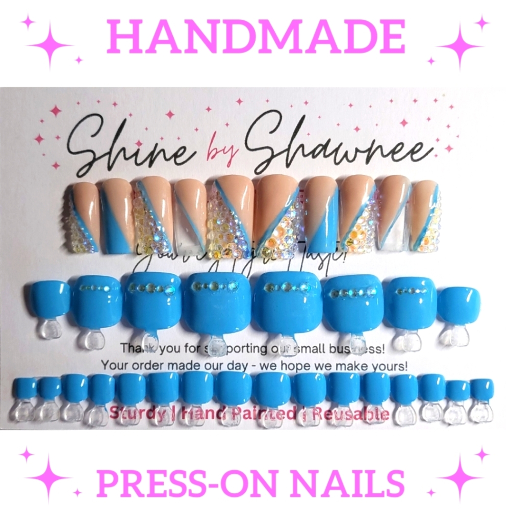 Handmade Luxury Press-On Nails/Toenails | Sturdy & Reusable | Blue Ice